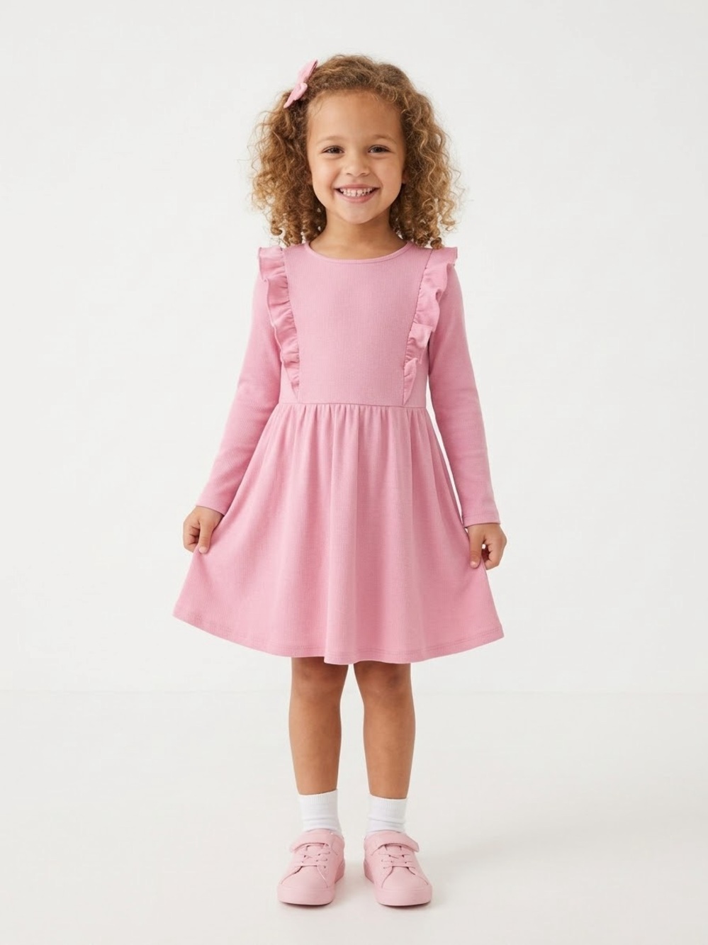 NWOT Crewcuts From Jcrew Girls Pink Ribbed Long-Sleeve Ruffle Dress Size 7